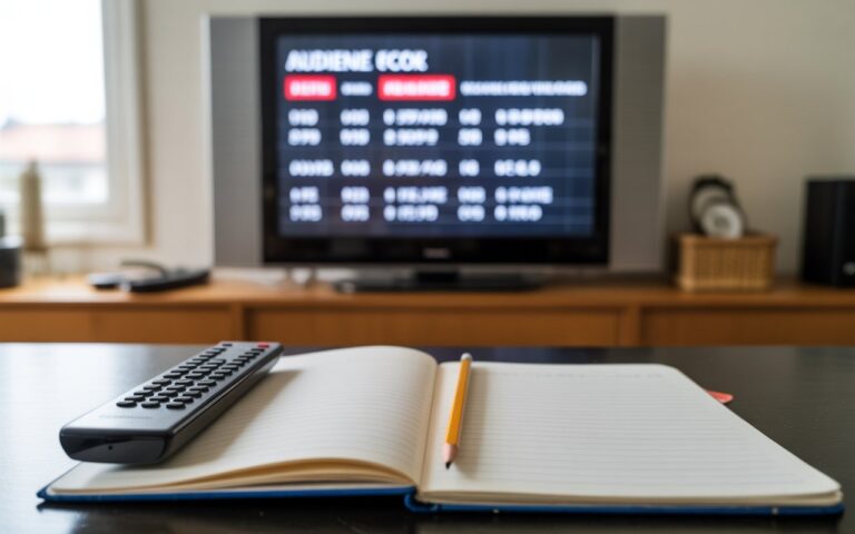 Salon, carnet, télécommande et courbe floue