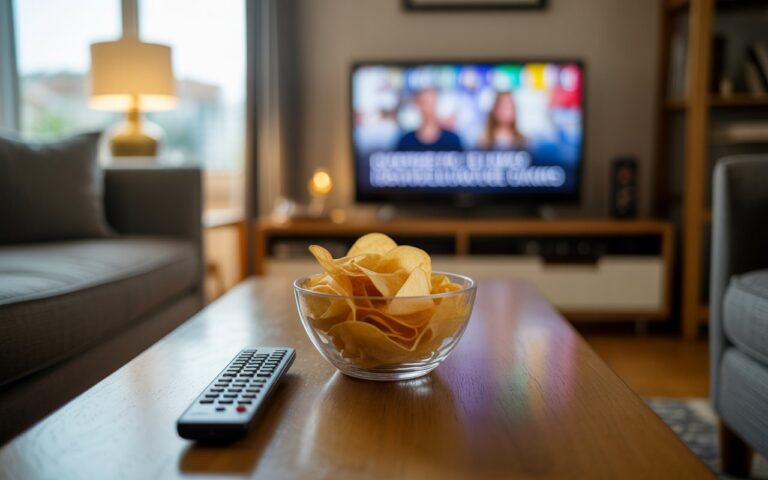 Salon, télé floue, télécommande, soirée audience.