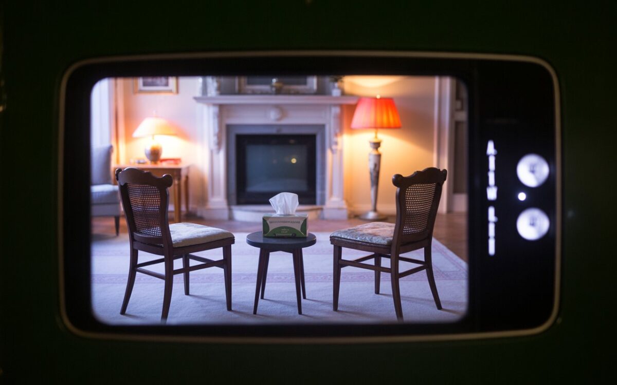 Salon, deux chaises, mouchoirs, télé floue.