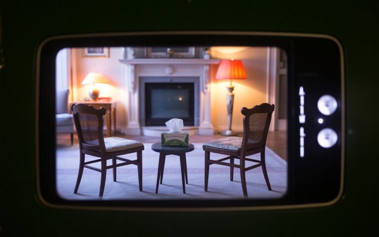 Salon, deux chaises, mouchoirs, télé floue.