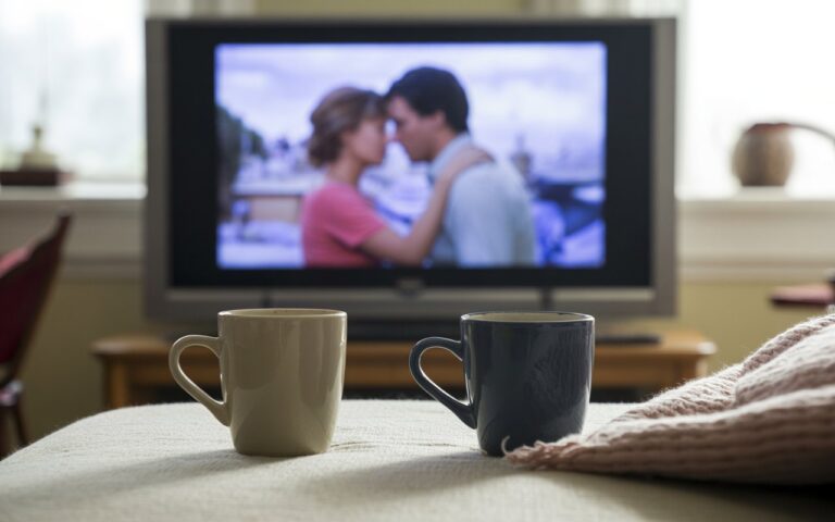 Canapé, deux tasses, télé floue, amour.