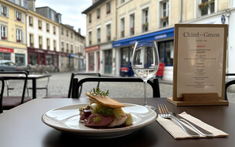 Table de restaurant, assiette gastronomique et verre de vin