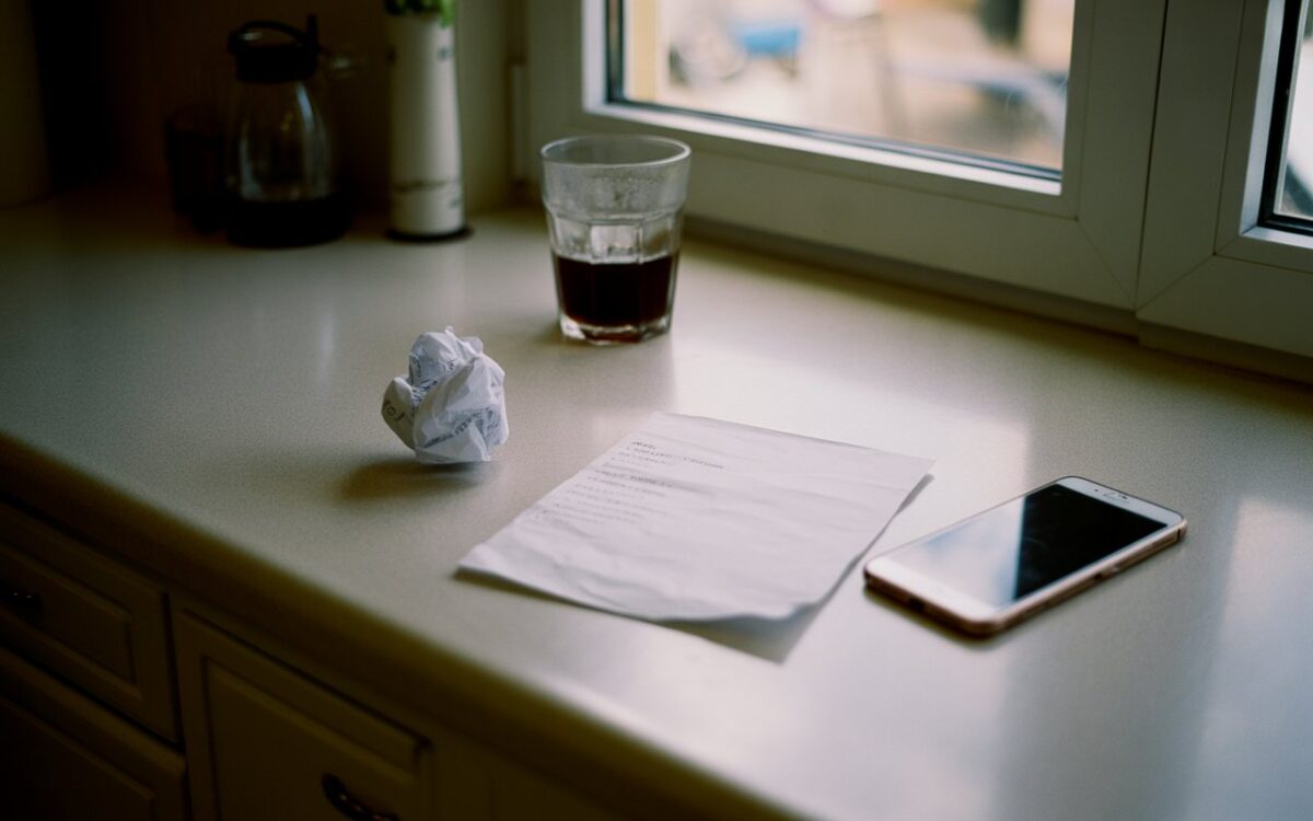 Cuisine, lettre froissée, café, téléphone retourné.