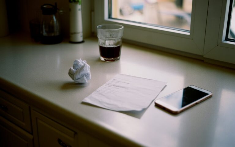 Cuisine, lettre froissée, café, téléphone retourné.