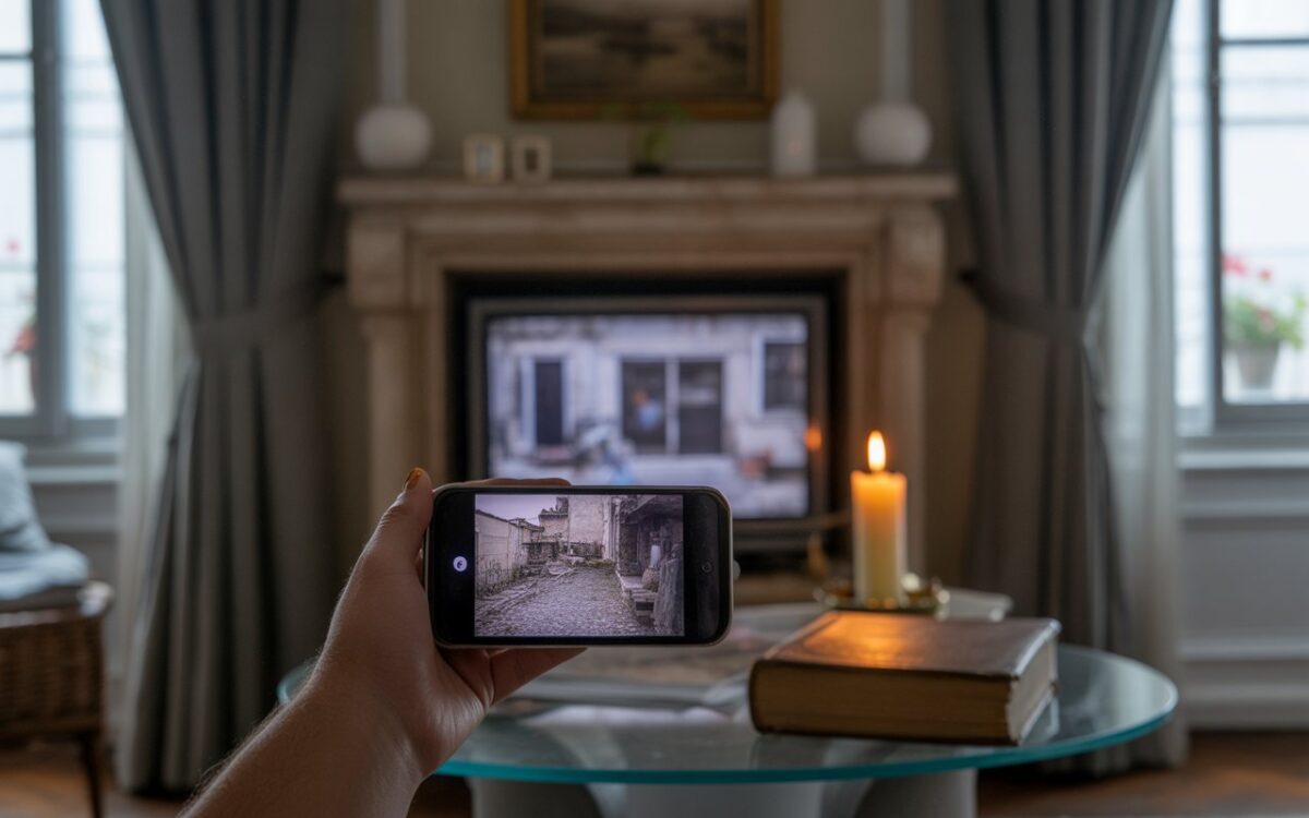 Salon sombre, télé floue, bougie, livre ancien.