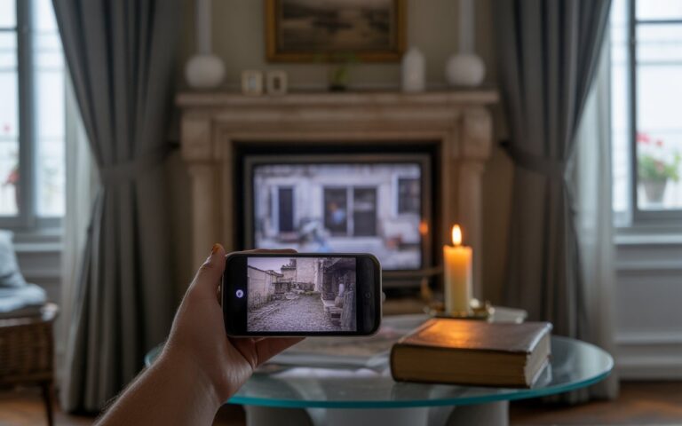 Salon sombre, télé floue, bougie, livre ancien.