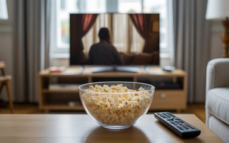 Salon, pop-corn, télécommande et film flou