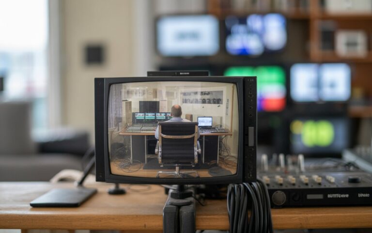Régie télé, console, écran flou, chaise vide.
