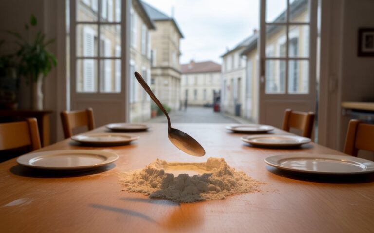 Table école cuisine, assiettes, farine, rebondissement.