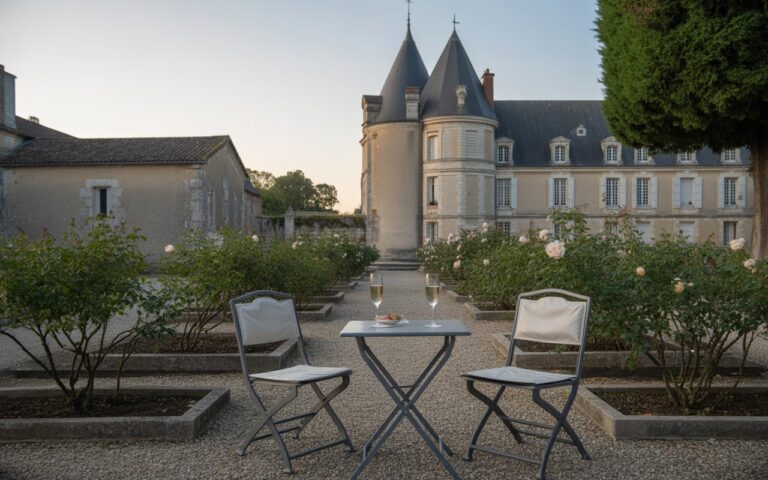Château, jardin, deux chaises, coupe.
