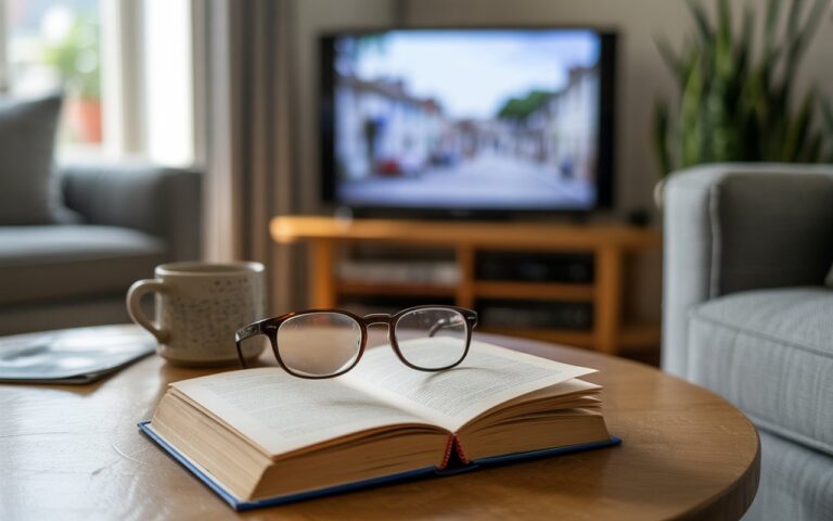 Livre ouvert, lunettes et tasse, télé floue