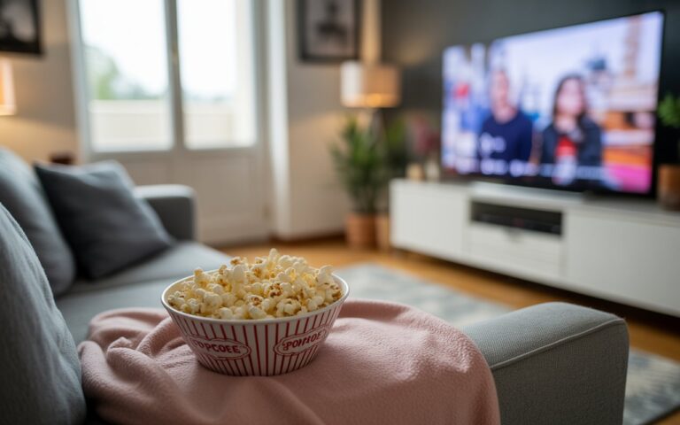 Canapé, télé floue, pop-corn, série française.