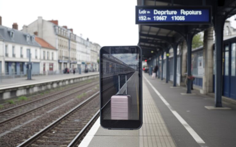 Gare française, valise, tableau flou, voyage.