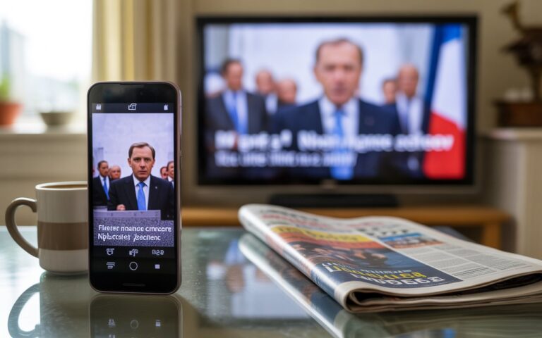 Salon français, télé floue, café, scandale politique.