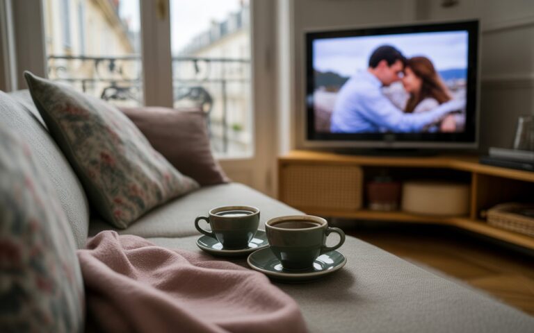 Canapé cosy, deux tasses et télé romantique floue