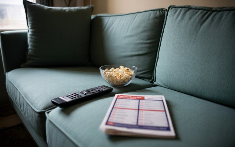 Canapé, télécommande et magazine TV flou