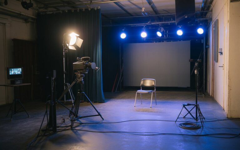 Studio télé vide, projecteur, caméra et chaise