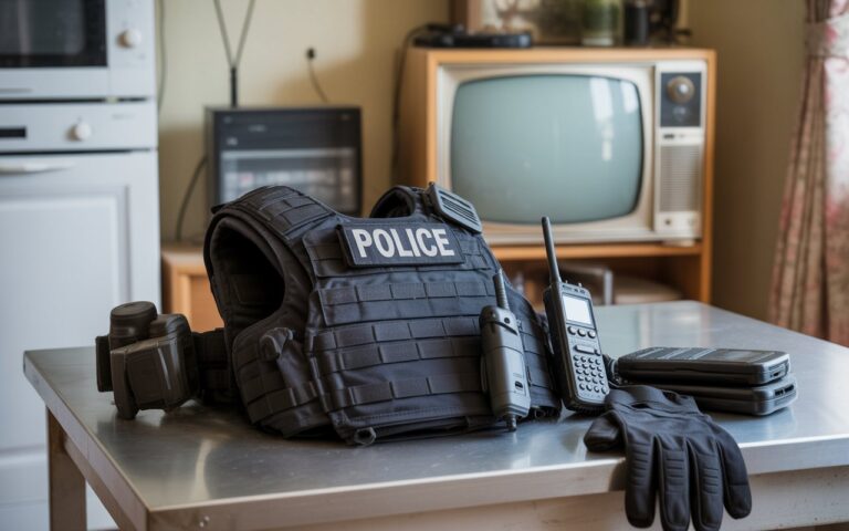 Équipement tactique, gants et radio sur table