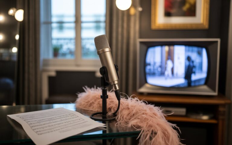 Micro, boa plume et télé floue en loge