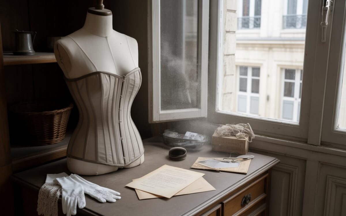 Grenier, corset ancien, gants et lettres jaunies