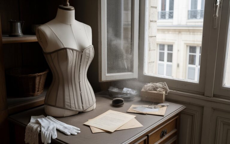 Grenier, corset ancien, gants et lettres jaunies