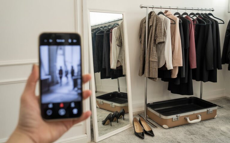 Loge mannequin, valise, escarpins, miroir.