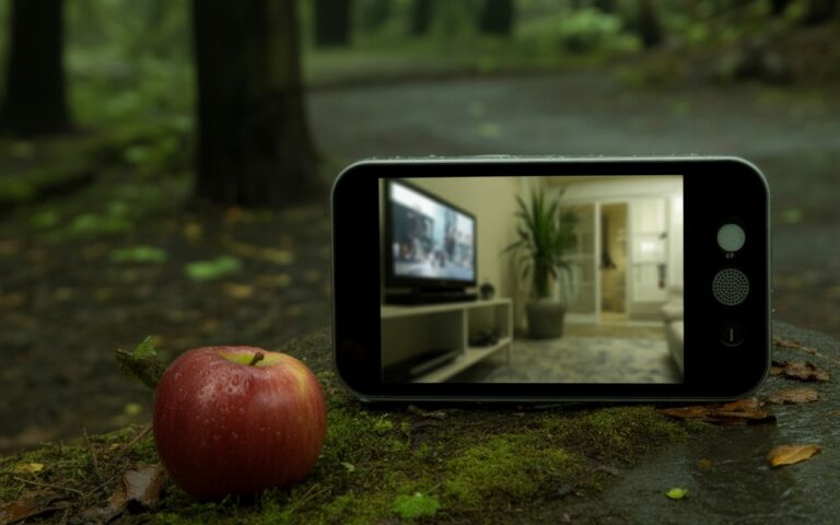 Forêt brumeuse, pomme rouge et télé floue