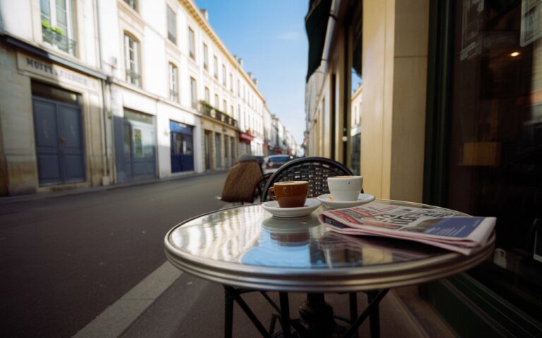 Terrasse ensoleillée à Montpellier, tasses et journal
