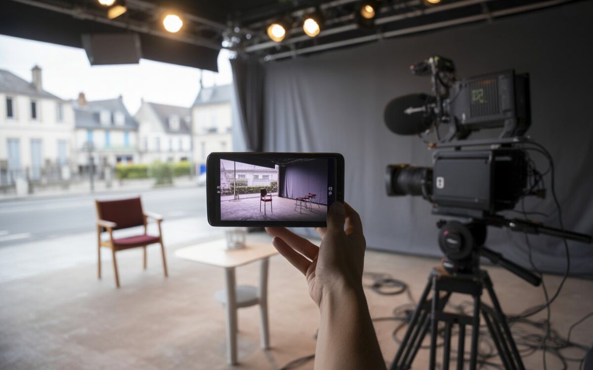 Studio télé vide, caméra, projecteurs, chaise.