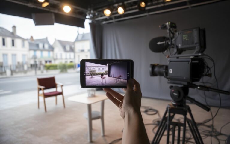 Studio télé vide, caméra, projecteurs, chaise.
