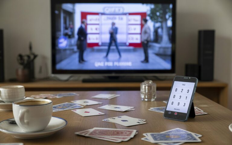 Table française, cartes et télé floue de jeu.