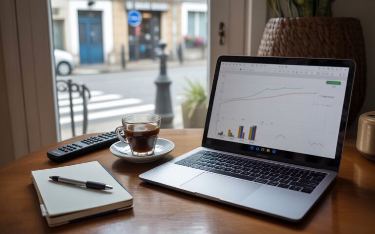 Bureau, ordinateur flou, café et télécommande