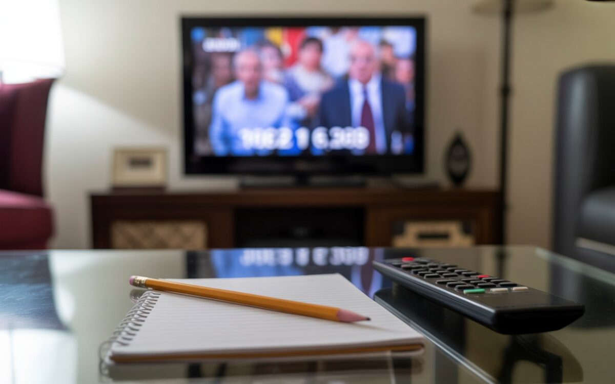 Salon, carnet et télé floue.