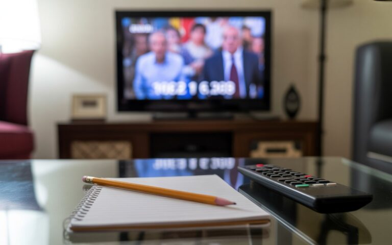 Salon, carnet et télé floue.