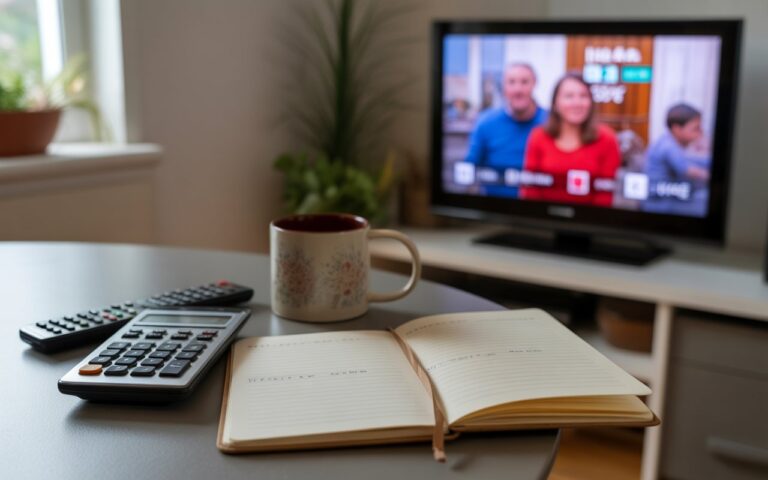 Table avec calculatrice, télécommande et télé floue