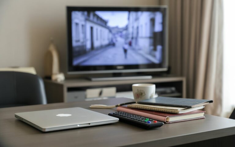 Bureau avec ordinateur fermé et télé floue