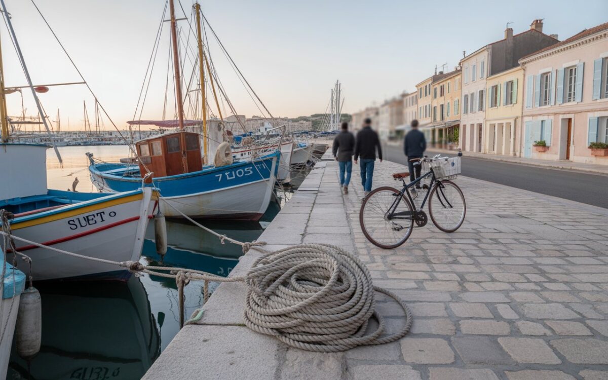 Port de Sète à l'aube, bateaux et vélo