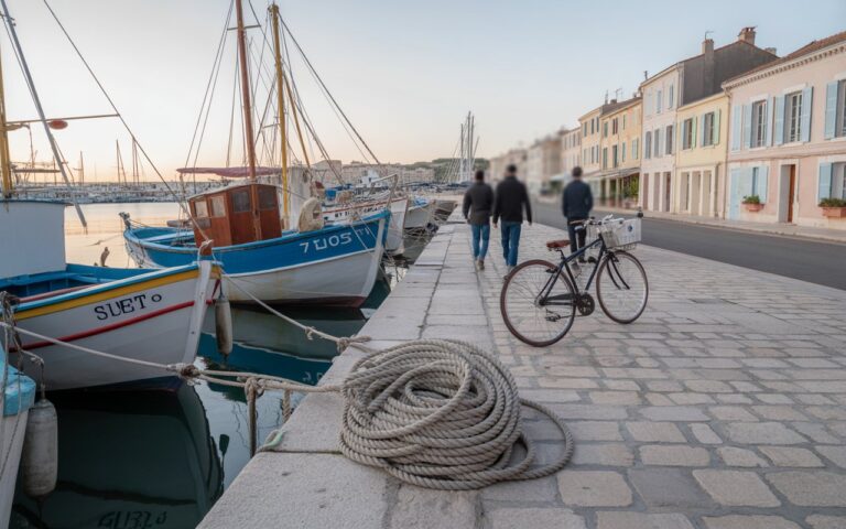 Port de Sète à l'aube, bateaux et vélo