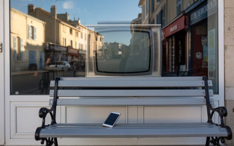 Banc en bord de mer, téléphone et télé floue