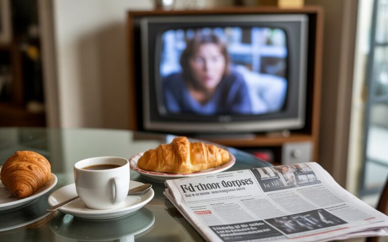 Table française, croissants et télé floue.