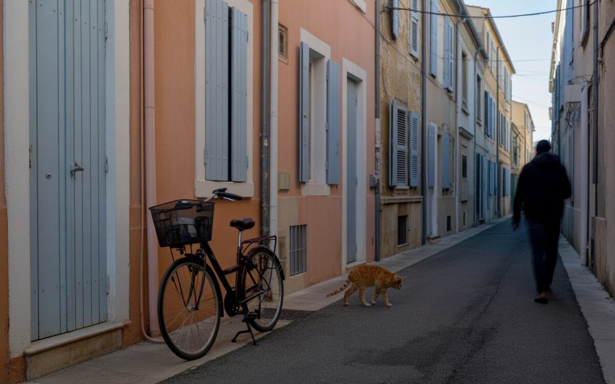 Ruelle de Sète au crépuscule, vélo