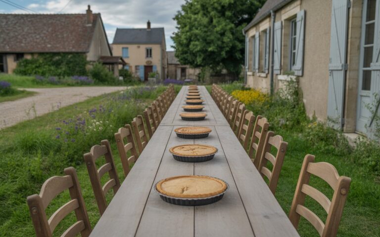 Longue table de ferme, chaises et tartes