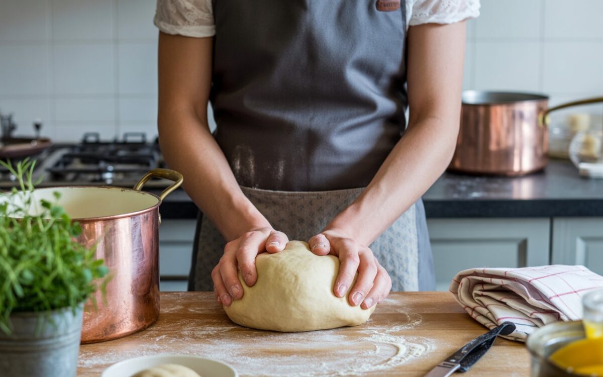 Mains pétrissant pâte dans cuisine école