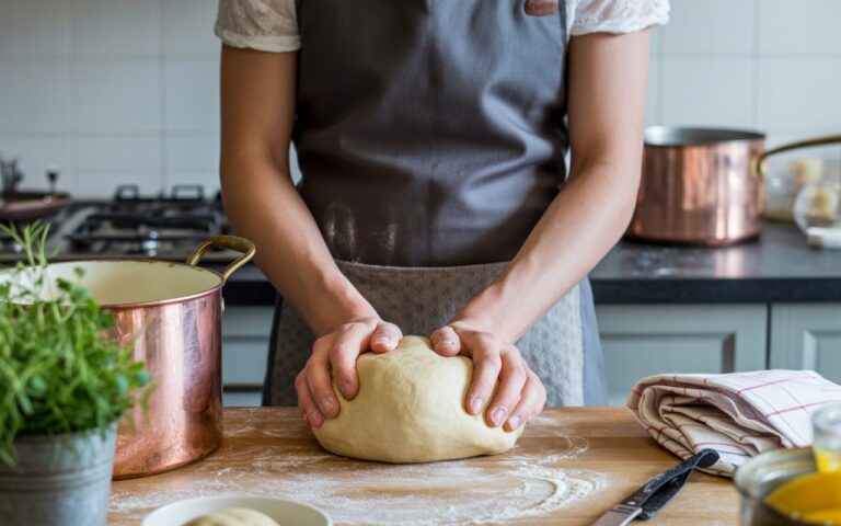 Mains pétrissant pâte dans cuisine école