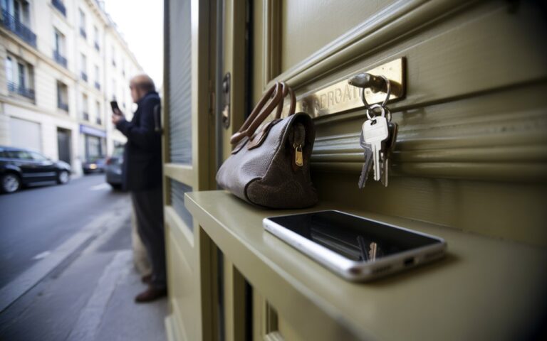 Porte d'appartement, sac et téléphone flou.