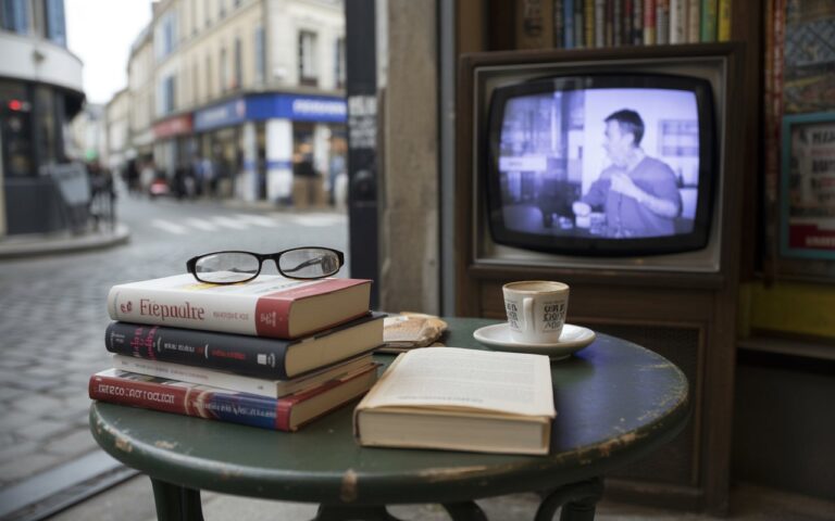 Table de librairie, livres, lunettes et café