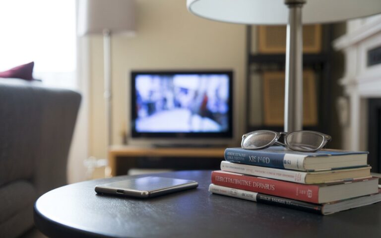 Pile de livres, lunettes et lampe près d'une télé