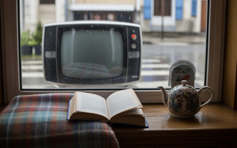Fenêtre pluvieuse, livre et télé floue.