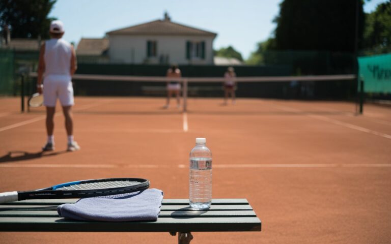 Court de tennis, raquette, serviette et bouteille