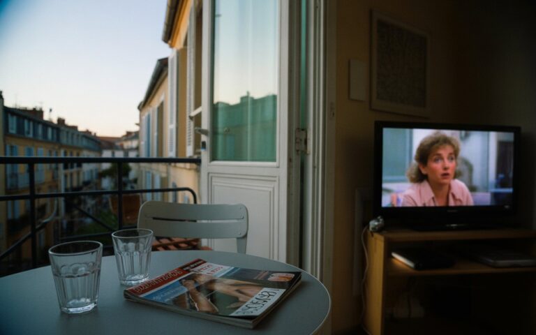 Balcon avec verres et télé floue
